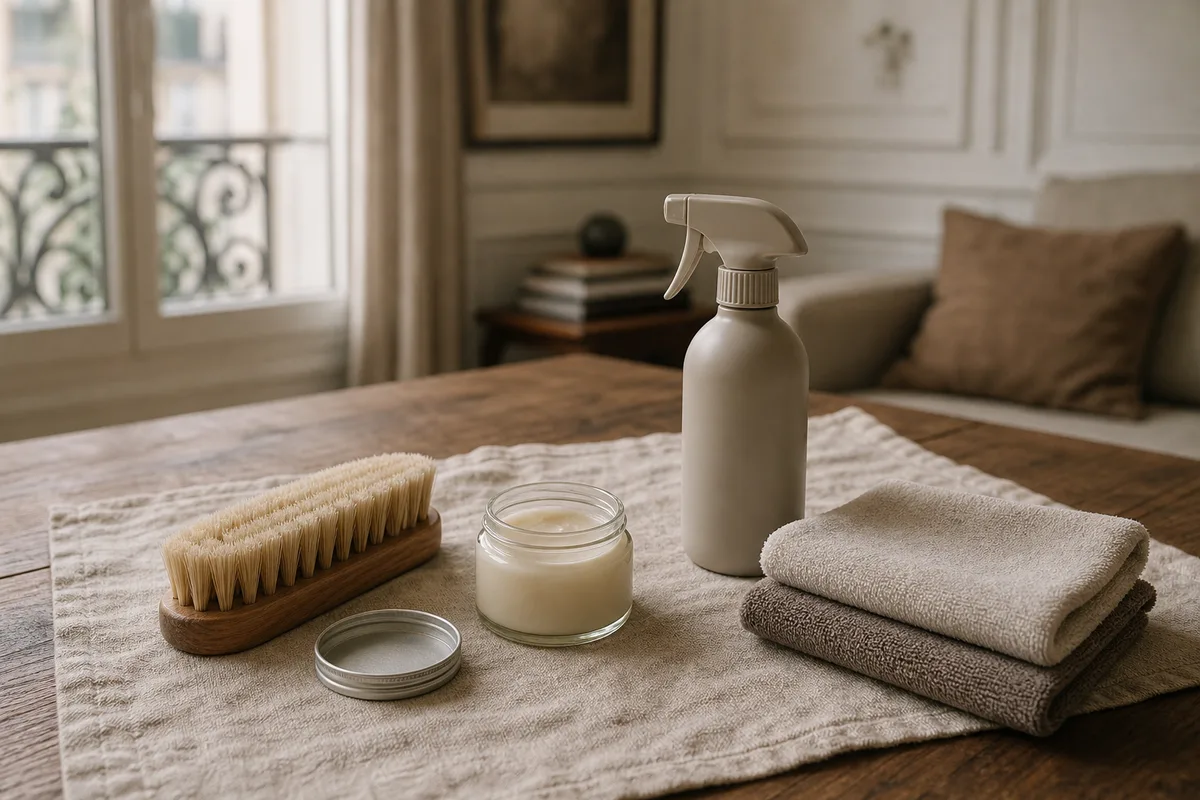Kit d’entretien cuir : brosse, chiffons, crème et spray imperméabilisant