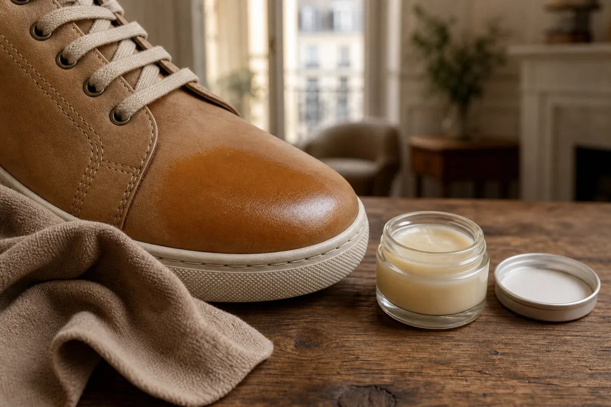 Crème nourrissante appliquée sur le cuir d’une sneaker tan