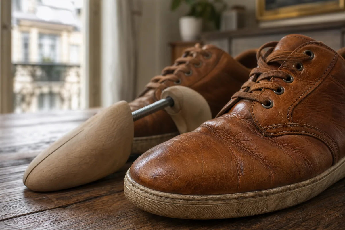 Plis du cuir à l’avant du pied et embauchoir en bois