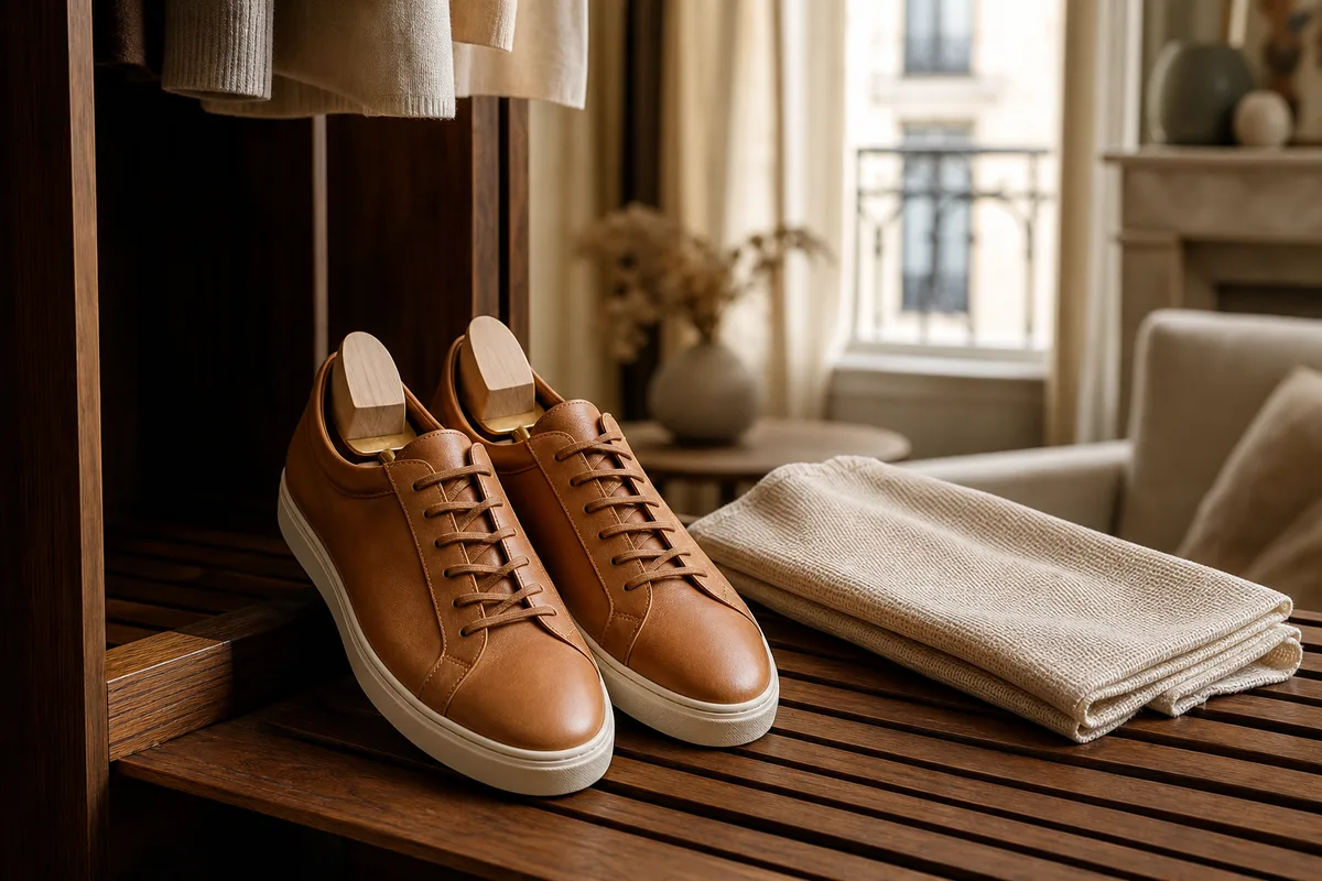 Sneakers en cuir rangées avec embauchoirs sur une étagère aérée
